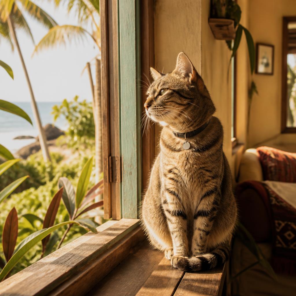 Gato de coleira sentado na janela de casa olhando a rua